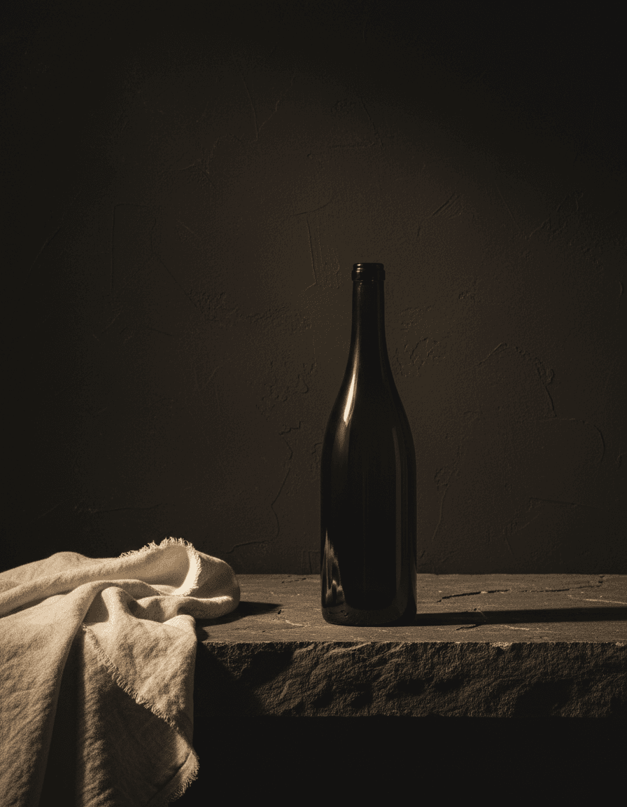 A wine bottle lit by warm side light against dark stone