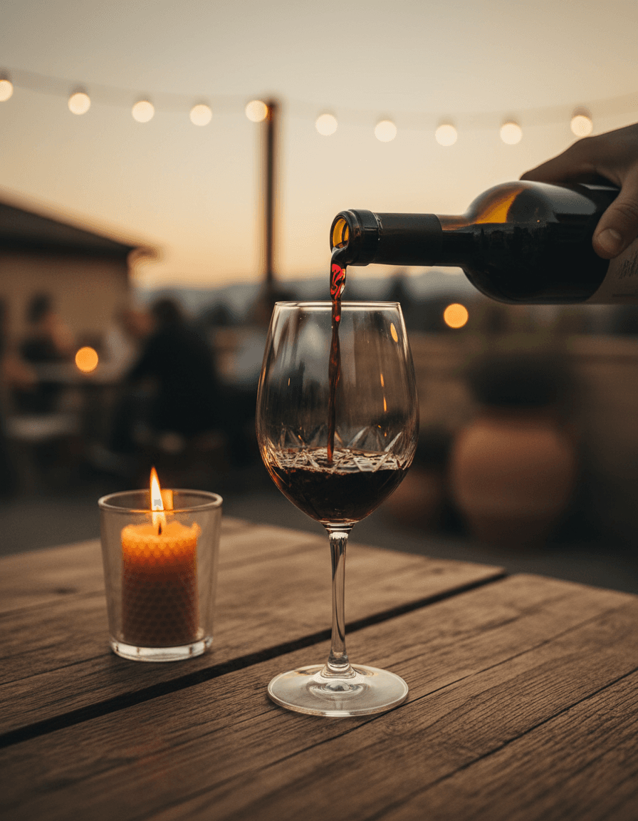 Red wine poured into a glass by candlelight