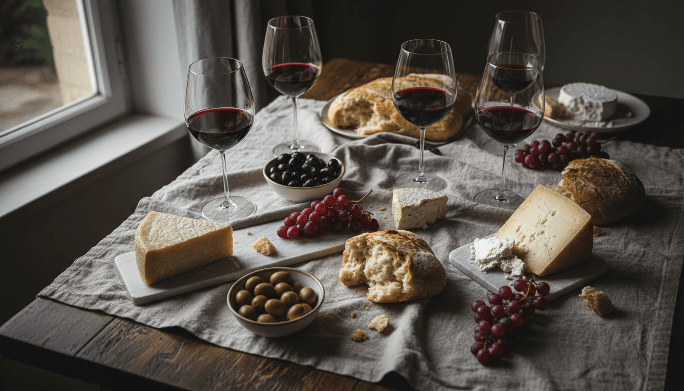 A wine tasting table with glasses, cheese, and bread on linen